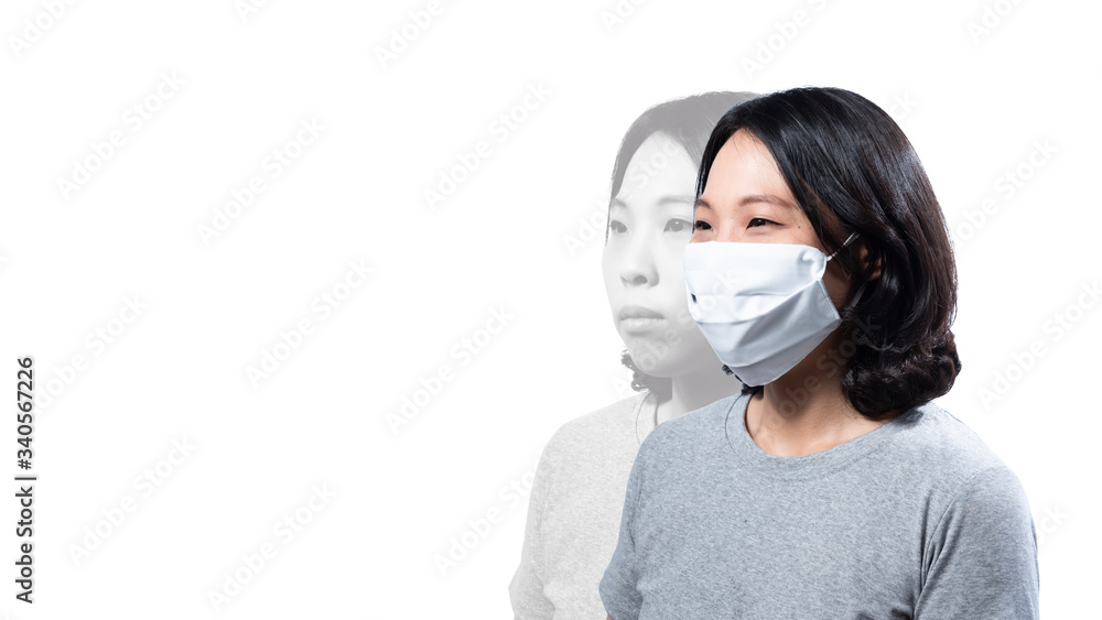 Isolated woman wear face mask protection from Covid-19 with fade of normal life without mask effect change in society of human behavior about wearing mask Isolated woman wear face mask protection from Covid-19 with fade of normal life without mask effect change in society of human behavior about wearing mask