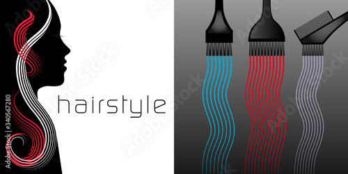 Deux illustration vectorielles - une silhouette de femme et des brosses pour teindre les cheveux.