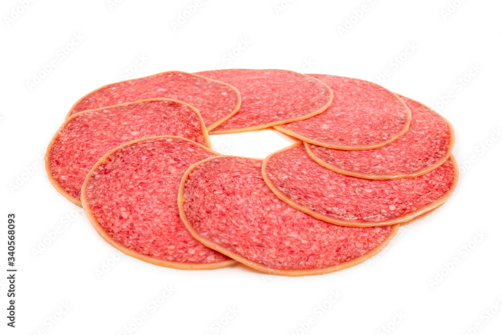 Salami slices isolated on white background. Salami slices isolated on white background.
