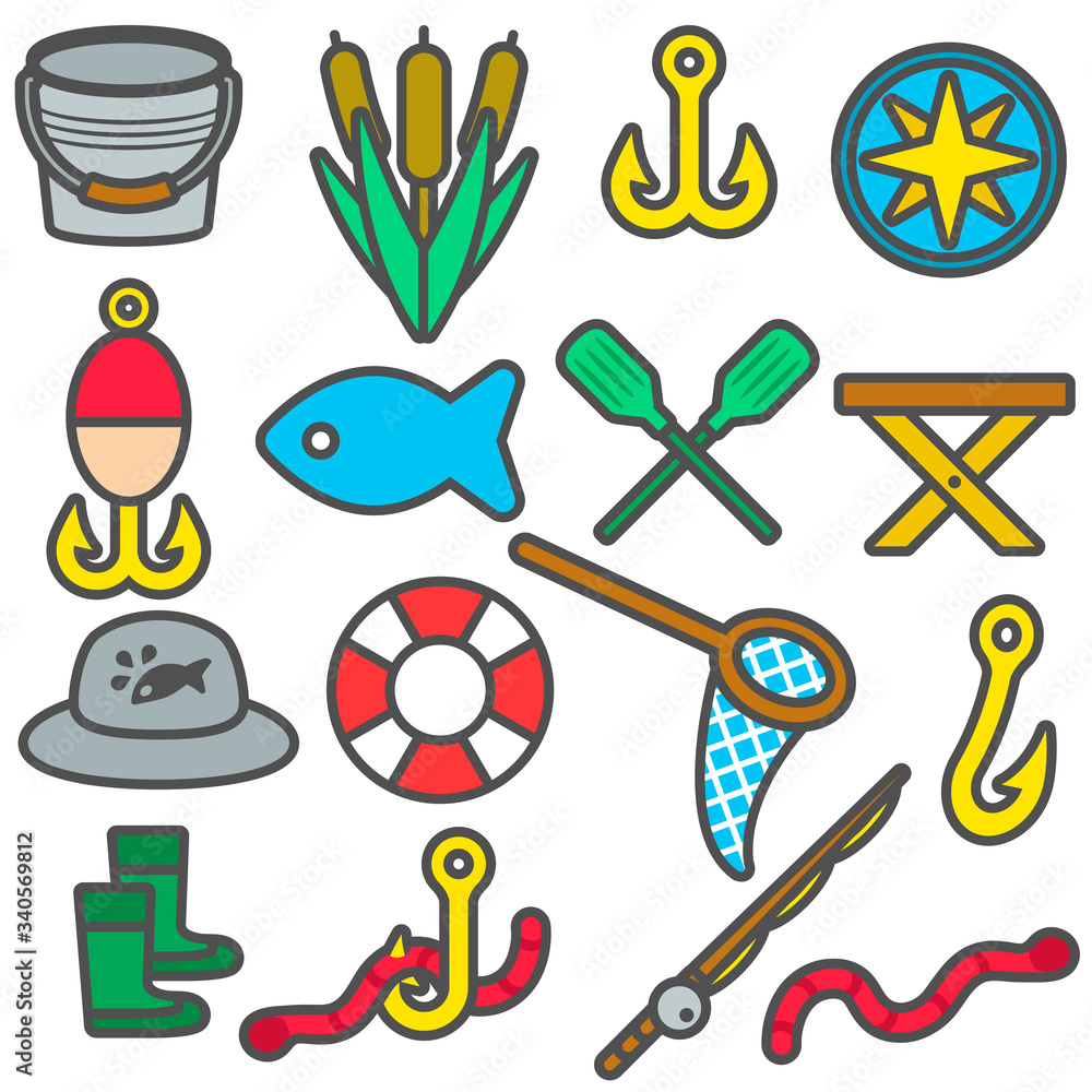 Fishing set color icons in flat style. Vector illustration.