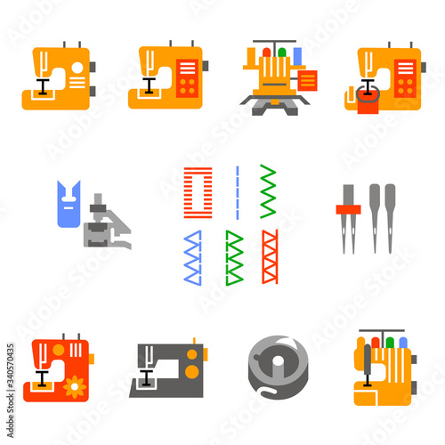 Sewing machines and accessories icons in glyph style