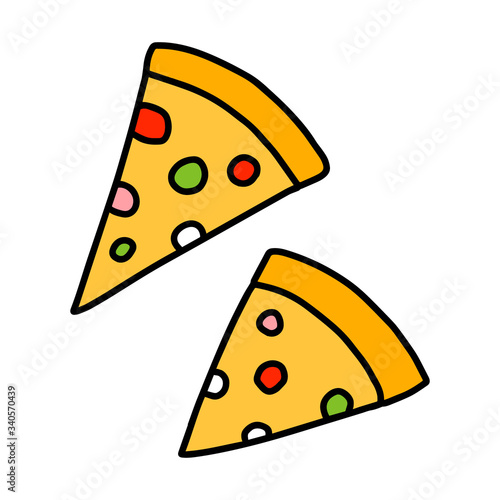 Pizza pieces doodle icons in cartoon comic style italian food