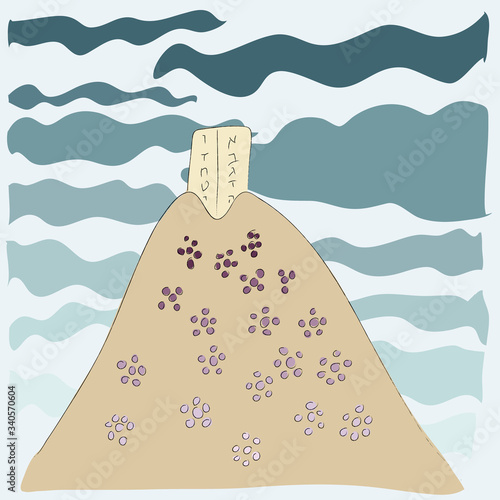 Shavuot - Jewish holiday. Vector drawing of Mount Sinai and the tablets.