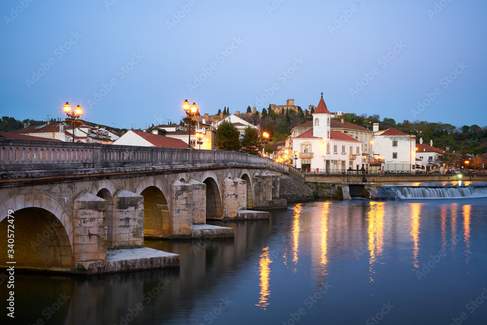 Tomar city view with Nabao river at sunrise, in Portugal