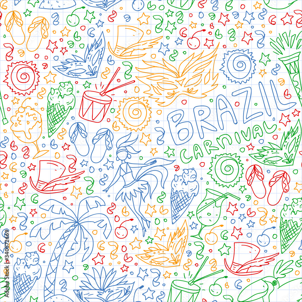 Brazilian vector pattern with palm, beach, sea, carnival. Brazil icons for posters and banners. Brazilian vector pattern with palm, beach, sea, carnival. Brazil icons for posters and banners.