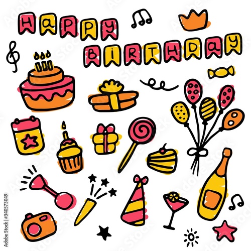 Doodle birthday set icons. Hand-drawn set of holiday signs. Vector