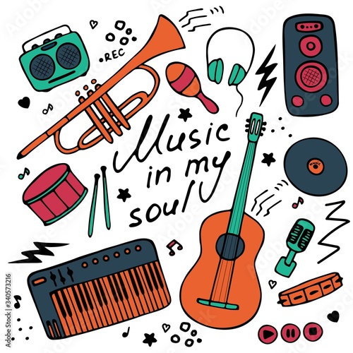 Set of musical emblem. Flat illustrations for digital and print. Musical icons set. Hand-written inscription Music in my soul. Vector