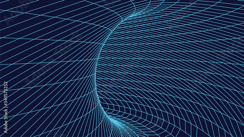 Technology wireframe tunnel on blue background. Futuristic 3D vector grid.