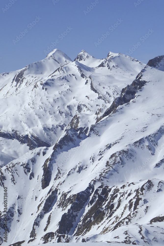 Bivio, Skitour auf den Piz dal Sasc. Blick vom Gipfel auf die 3 Dreitausender, Gletscherhorn, Piz Predarossa und Piz Mungiroi.