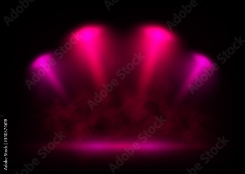 Vector red and pink spotlights on scene with light beams in the smoke. Design for presentation your product.