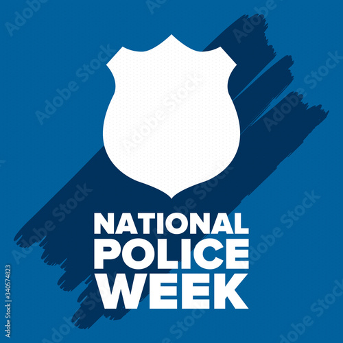 National Police Week in May. Celebrated annual in United States. In honor of the police hero. Police badge and patriotic elements. Officers Memorial Day. Poster, card, banner. Vector illustration