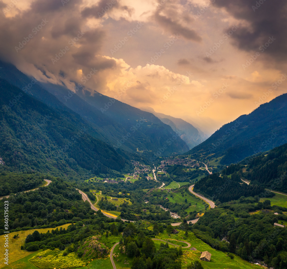 Aerial view of the San Bernardino mountain pass in the Swiss Alps, Switzerland