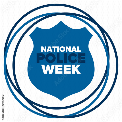 National Police Week in May. Celebrated annual in United States. In honor of the police hero. Police badge and patriotic elements. Officers Memorial Day. Poster, card, banner. Vector illustration