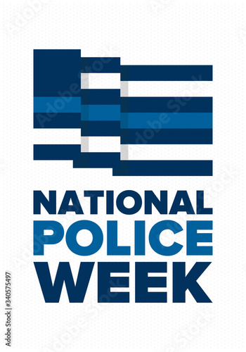 National Police Week in May. Celebrated annual in United States. In honor of the police hero. Police badge and patriotic elements. Officers Memorial Day. Poster, card, banner. Vector illustration