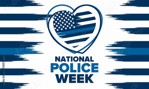 National Police Week in May. Celebrated annual in United States. In honor of the police hero. Police badge and patriotic elements. Officers Memorial Day. Poster, card, banner. Vector illustration