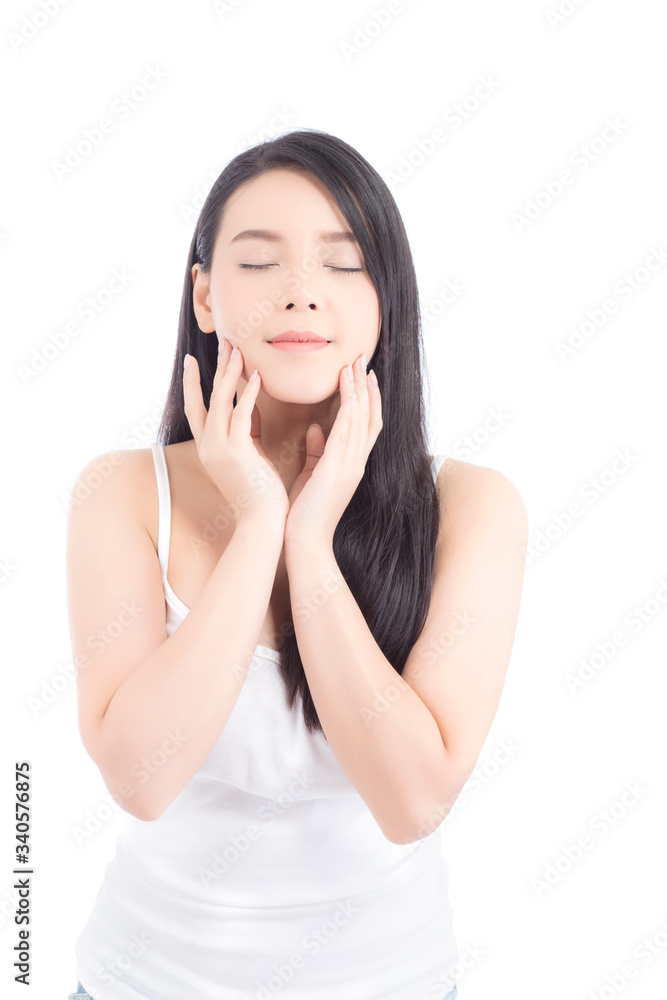 Portrait of beautiful woman asian makeup of cosmetic, girl hand touch cheek and smile attractive, face of beauty perfect with wellness isolated on white background with skin healthcare concept. Portrait of beautiful woman asian makeup of cosmetic, girl hand touch cheek and smile attractive, face of beauty perfect with wellness isolated on white background with skin healthcare concept.