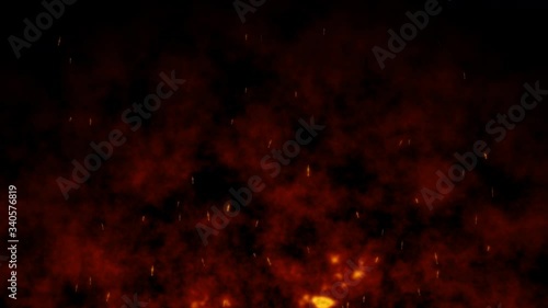 Burning red hot flying sparks fire in the night sky. Beautiful abstract fiery orange glowing flying on black background in 4k.