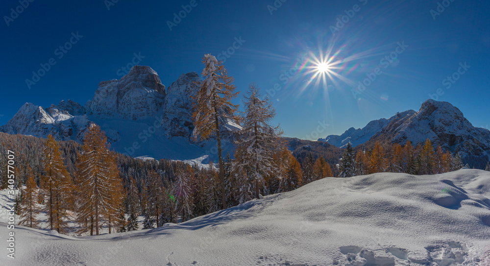 Awesome Mount Pelmo and Mount Civetta winter panorama.  Concept: winter landscapes, Christmas atmosphere, Unesco world heritage, calm and serenity