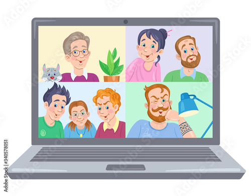 Home office. Working conference on laptop screen. Video chat online. Internet communication during quarantine. In cartoon style. Vector  flat illustration