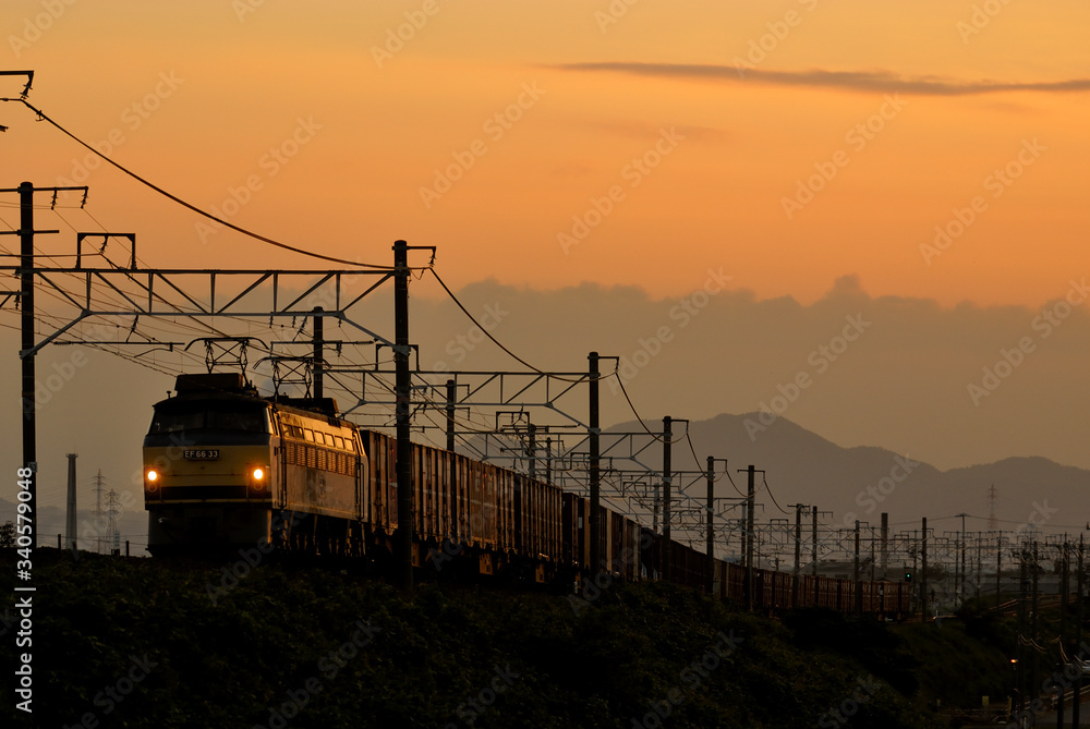 Obraz premium 朝日を背にしたEF66けん引貨物列車
