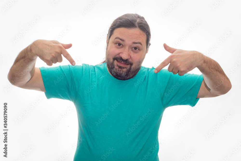 Template with a man in a t-shirt pointing two fingers down Template with a man in a t-shirt pointing two fingers down