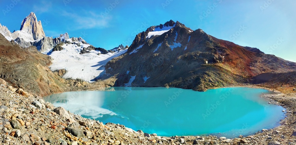 Patagonia mountains Mt Fitz Roy and lake panorama view National Park 