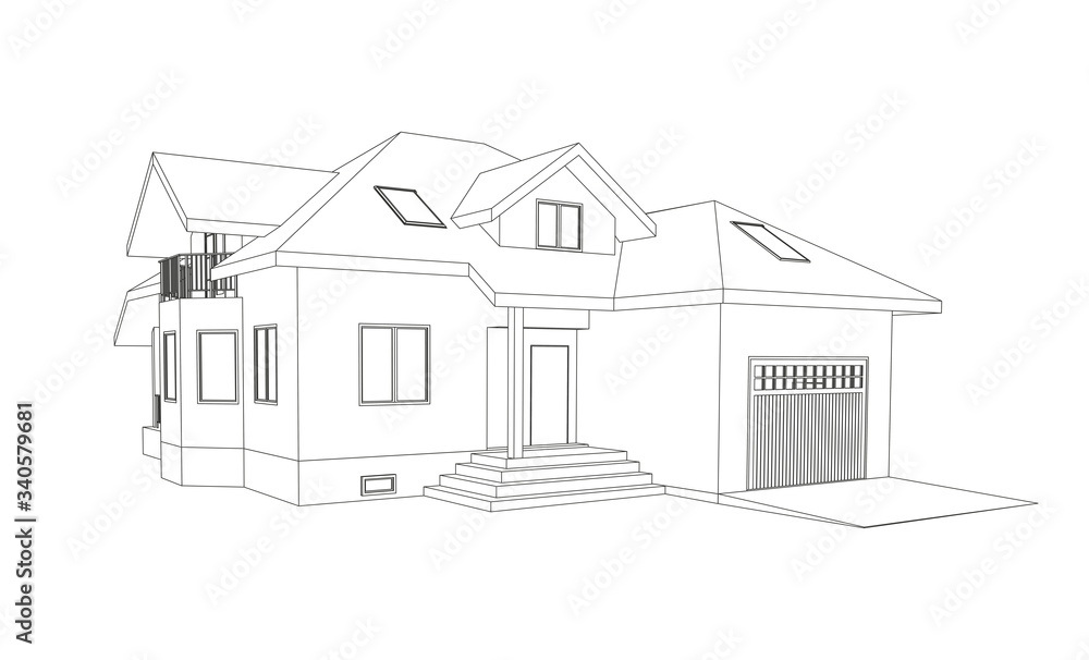 Vector wireframe perspective of stylish modern house exterior. 3D vector model of cottage isolated on white background.