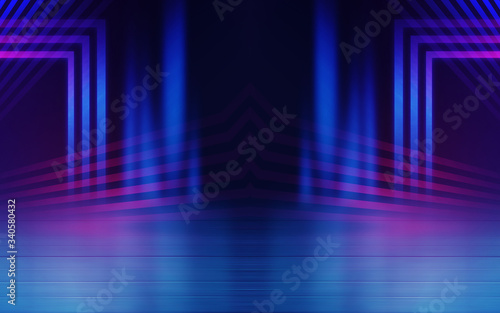 Empty dark abstract background. Background of empty show scene. Glow of neon lights and neon figures on an empty concert stage. Reflection of light on the pavement.