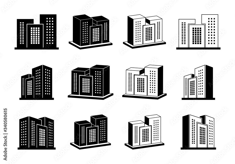 Building icons set, 3D company vector collection, Isometric hotel and condo
