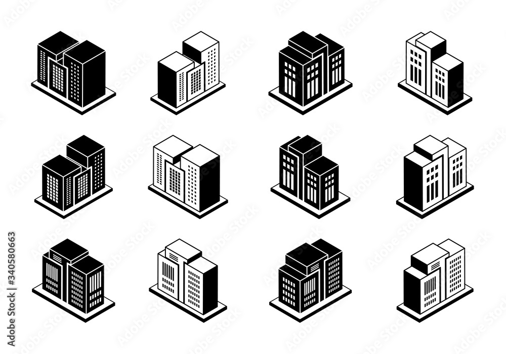 Company icons set, 3D buildings vector collection on white background, Perspective modern construction Company icons set, 3D buildings vector collection on white background, Perspective modern construction