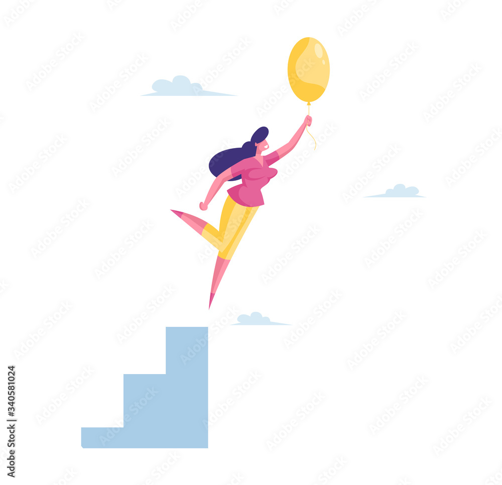 Businesswoman Character Flying with Air Balloon in Air. Inspiration, Progress and Creative Solution Concept. Business Woman Adventure, Career Growth and Escaping Crisis. Cartoon Vector Illustration Businesswoman Character Flying with Air Balloon in Air. Inspiration, Progress and Creative Solution Concept. Business Woman Adventure, Career Growth and Escaping Crisis. Cartoon Vector Illustration