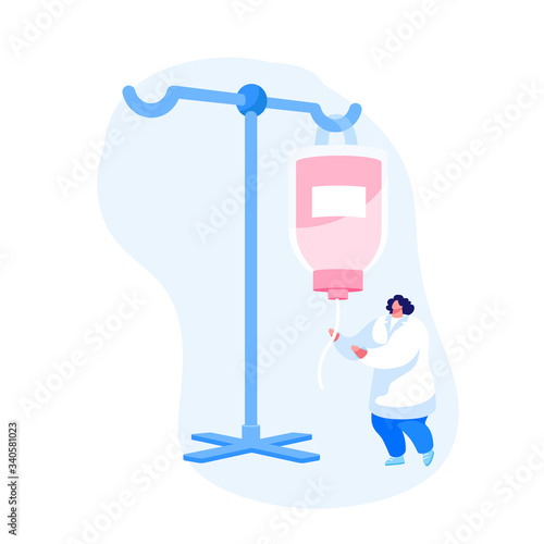 Nurse Female Character Set Up Dropper with Medicine during Surgery Operation. Medic in White Uniform Working in Hispital with Equipment. Emergency Help, Detoxification. Cartoon Vector Illustration