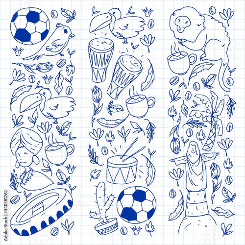 Rio de janeiro Brazil. Vector pattern with national symbols.