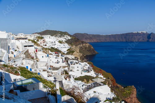 Beautiful view of famous romantic white town in Santorini Island, Greece