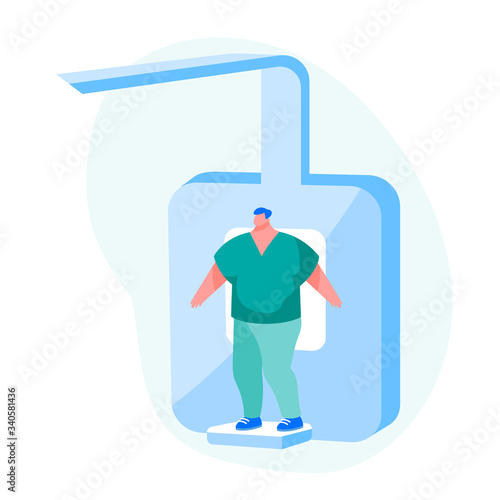 Lungs Tomography, Fluorographic, X-ray Medical Diagnostics Checkup. Male Character with Pulmonology Disease, Pathology. Patient Scan Image for Pneumonia Covid19 Diagnosis. Cartoon Vector Illustration