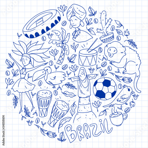 Rio de janeiro Brazil. Vector pattern with national symbols.