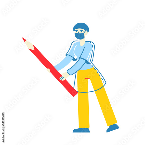 Tiny Doctor Surgeon Character Hold Huge Red Marker for Patient Nose Examination before Rhinoplasty Surgery and Drawing on Face. Medical Aid, Healthcare Cosmetology Concept. Linear Vector Illustration