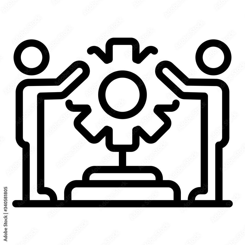 Two men holding cog icon. Outline two men holding cog vector icon for web design isolated on white background Two men holding cog icon. Outline two men holding cog vector icon for web design isolated on white background