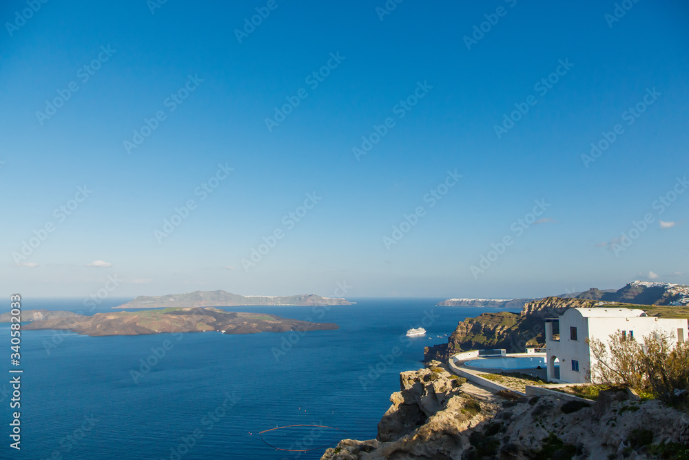 Landscape view of fields, vineyards and greek villages on Santorini island, Greece