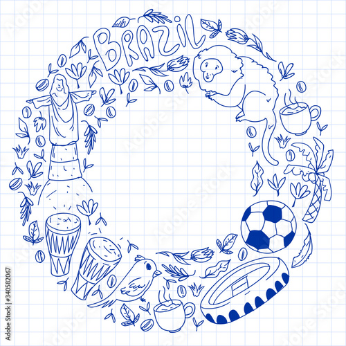 Rio de janeiro Brazil. Vector pattern with national symbols.
