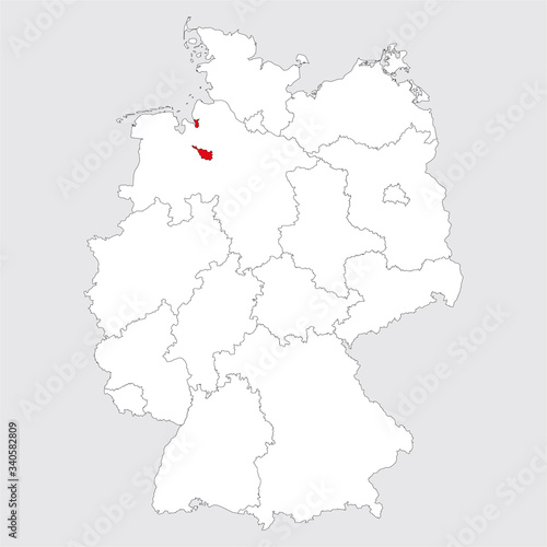 Bremen province highlighted on germany map. Gray background. German political map.