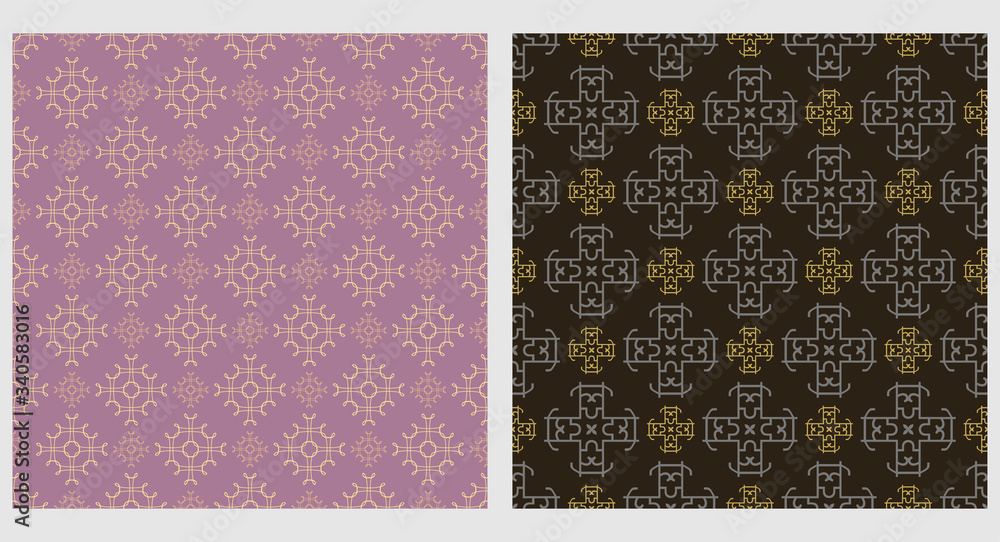 Two decorative geometric patterns. Retro style. Colors used in the images: black, gold, purple. Vector image.