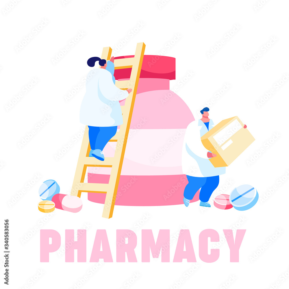 Tiny Pharmacist Characters Climbing on Huge Medicine Bottle with Drug Pills and Tablets. Pharmacy, Drugstore Worker with Remedy Production Box Poster Banner Flyer. Cartoon People Vector Illustration Tiny Pharmacist Characters Climbing on Huge Medicine Bottle with Drug Pills and Tablets. Pharmacy, Drugstore Worker with Remedy Production Box Poster Banner Flyer. Cartoon People Vector Illustration