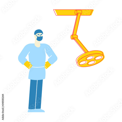 Medical Staff Anesthetist or Surgeon Character Wearing Robe, Hat and Mask Stand with Arms Akimbo Prepare to Make Operation in Surgery Room with Lighting Equipment in Clinic. Linear Vector Illustration