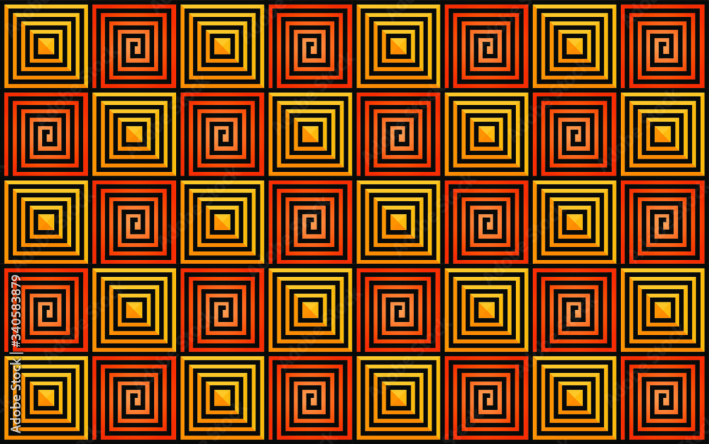 seamless geometric pattern, vector pattern, yellow and orange squares, rectangular shapes, repeating squares with black lines on it, scaling squares and twisted spiral, seamless geometric pattern, vector pattern, yellow and orange squares, rectangular shapes, repeating squares with black lines on it, scaling squares and twisted spiral,