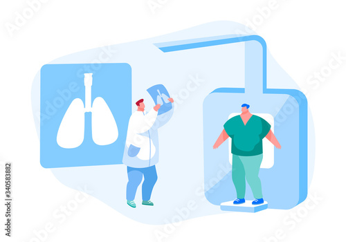 Lungs Tomography, Fluorographic, X-ray Medical Diagnostics Checkup. Doctor Character Research Pulmonology Disease Pathology on Patient Scan Image for Diagnosis. Cartoon People Vector Illustration