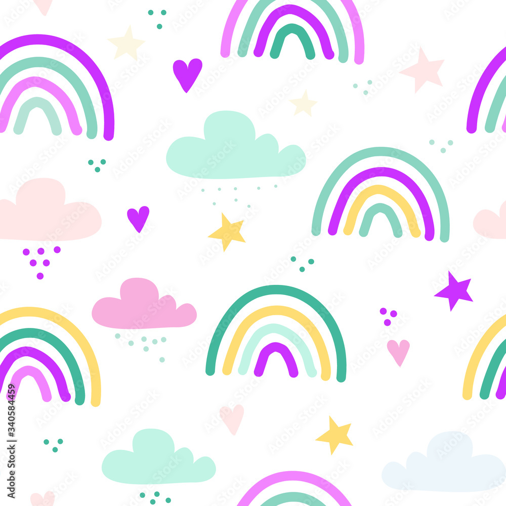 Seamless vector pattern with drawn rainbows, stars, and hearts. Scandinavian children's texture for fabric, wraps, textiles, Wallpaper, clothing. Illustration on a white background Seamless vector pattern with drawn rainbows, stars, and hearts. Scandinavian children's texture for fabric, wraps, textiles, Wallpaper, clothing. Illustration on a white background