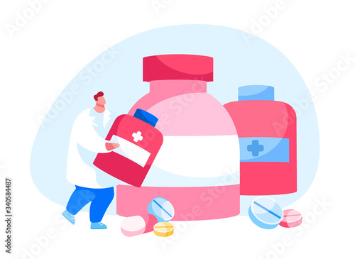 Doctor Pharmacist Character in Medical Robe Holding Pills Bottle with Scattered Medication Tablets around. Disease Treatment in Hospital, Healthcare Medicine Service. Cartoon Vector Illustration