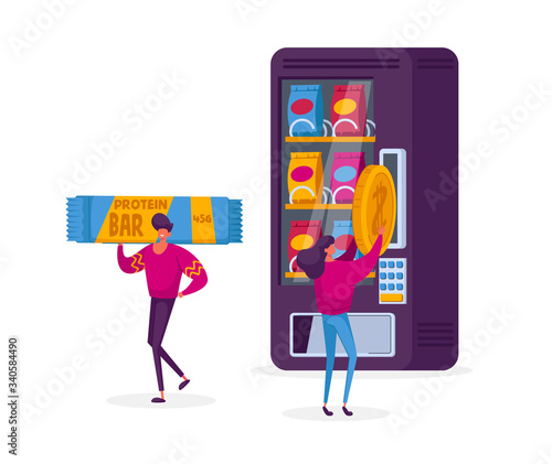 Vending Machine Food Concept. Girl Character Put Coin for Buying Various Snacks, Crackers and Crisp from Automate, Retail Technology for Selling Fastfood Production Cartoon People Vector Illustration