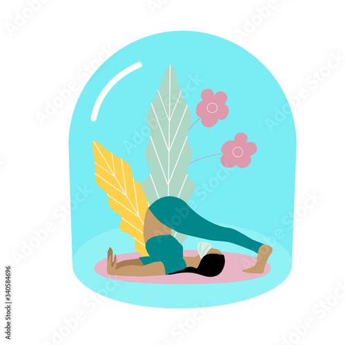 Yoga pose, meditation and healthy lifestyle. Beautiful athletic girl in a mask does yoga at home.